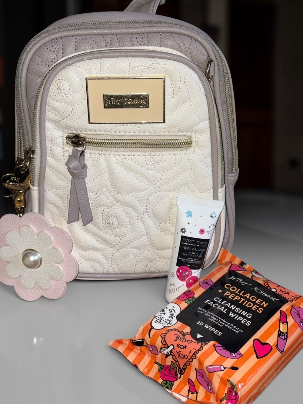 Betsey Johnson White Quilted Mini Backpack with Taupe Trim and beauty bundle